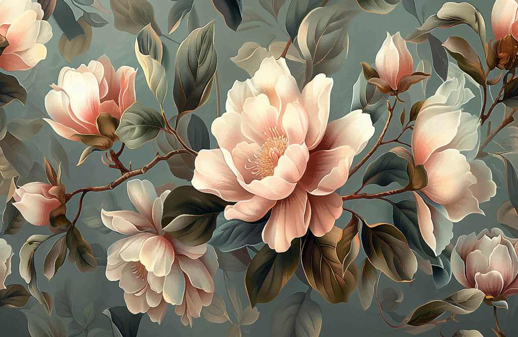 Magnolias sobre verde apagado — diseño completo