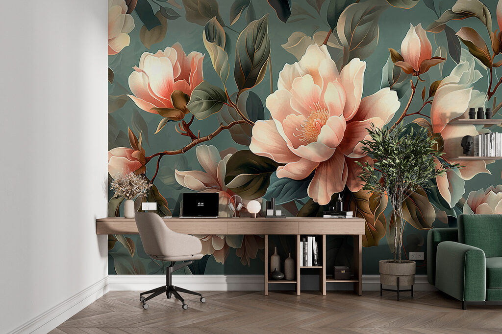 Magnolias sobre verde apagado — interior 2