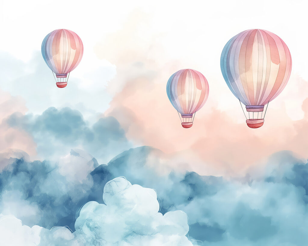 Tres globos sobre nubes — diseño completo