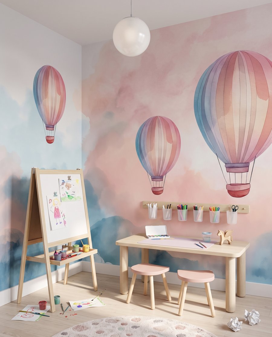 Tres globos sobre nubes en un interior