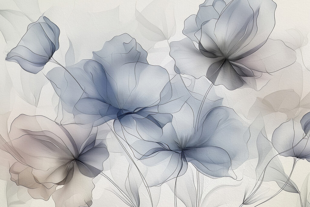 Flores gris azulado translúcidas — diseño completo