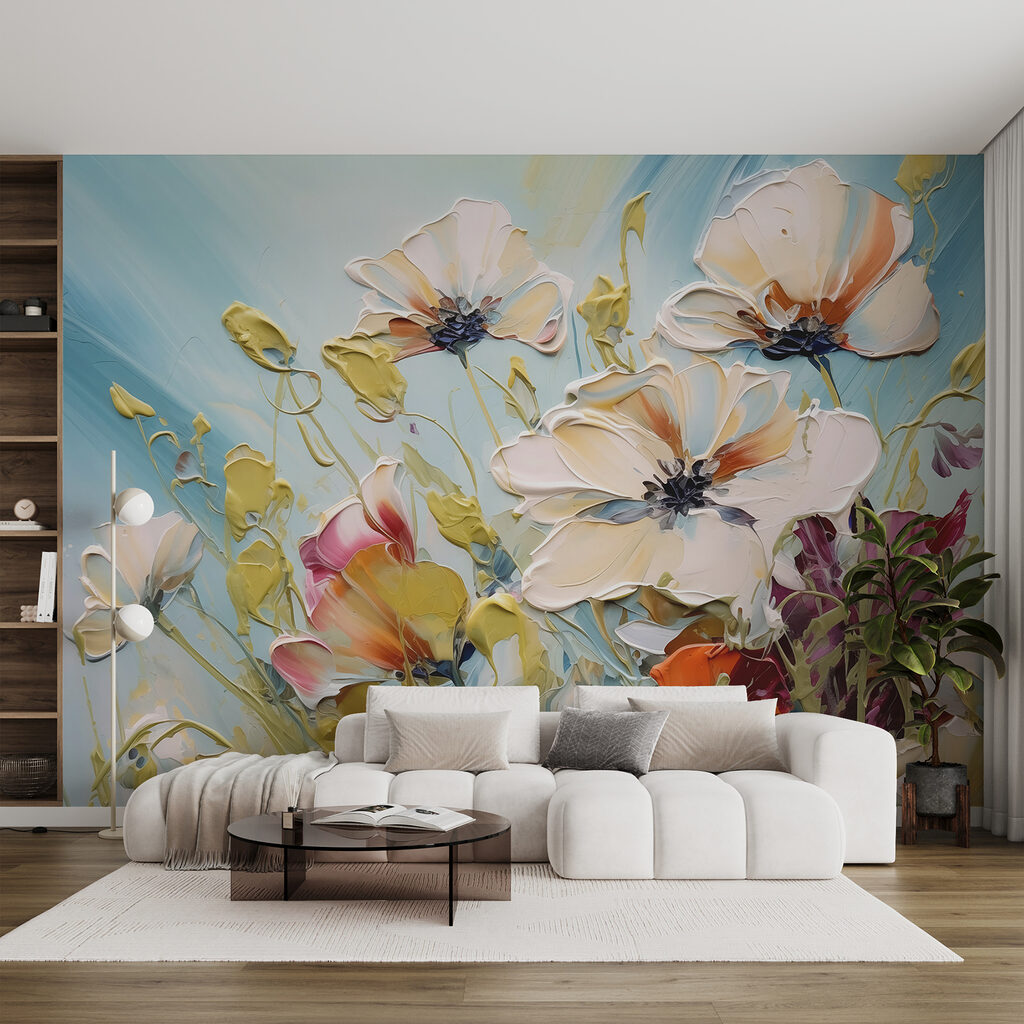 Flores blancas en azul en un interior