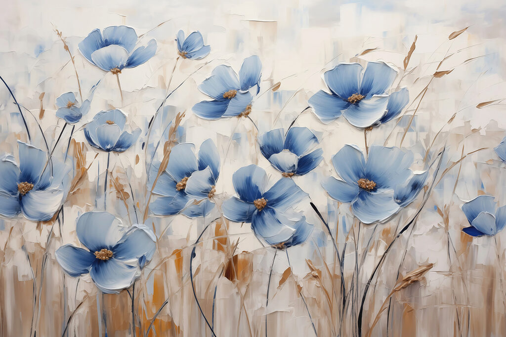 Flores azules entre espigas — diseño completo