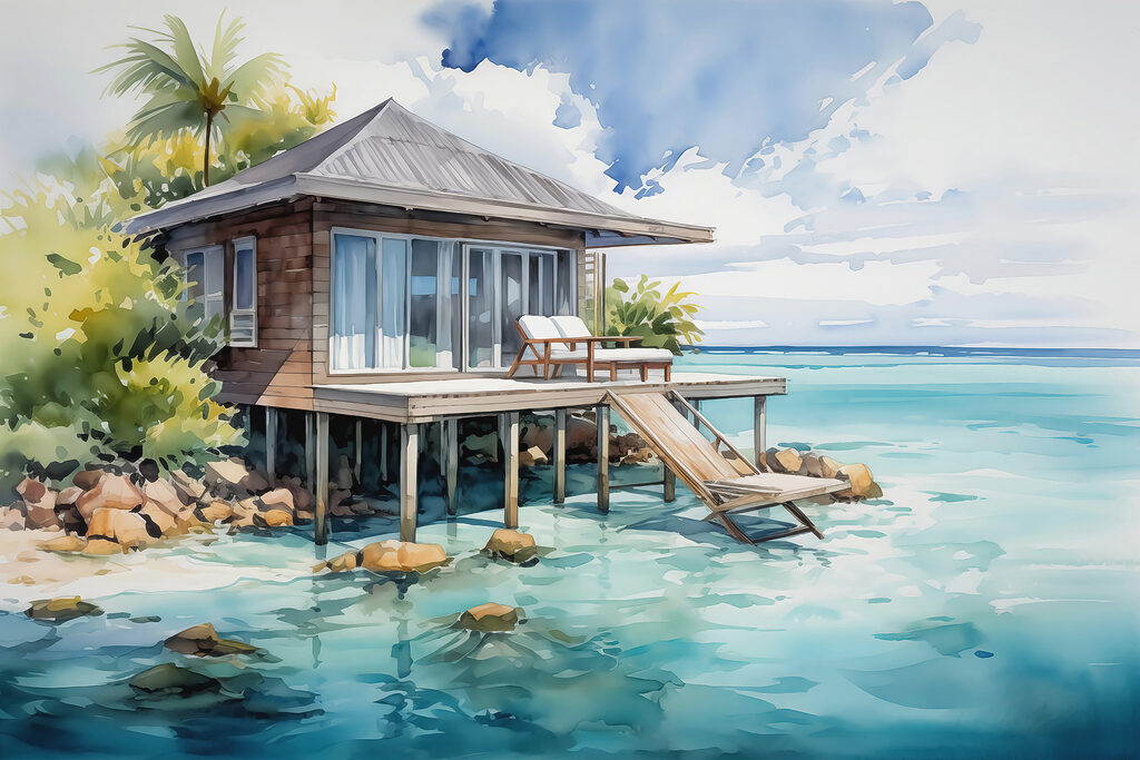 Casita sobre agua turquesa — diseño completo