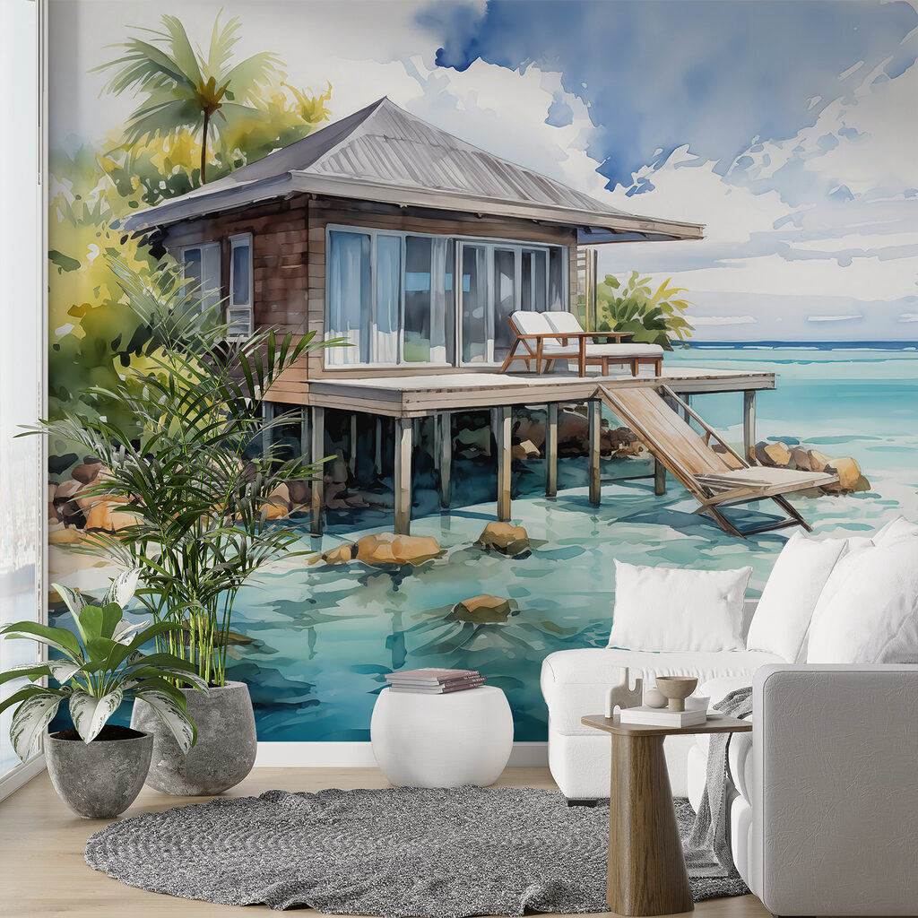 Casita sobre agua turquesa — interior 1