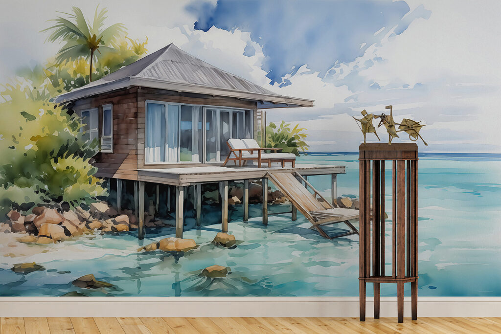 Casita sobre agua turquesa — interior 2