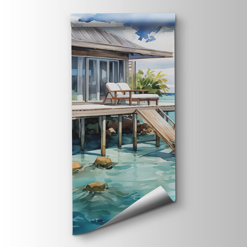 Casita sobre agua turquesa — vista del producto
