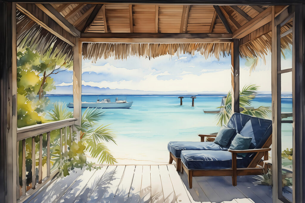 Veranda sobre agua turquesa — diseño completo
