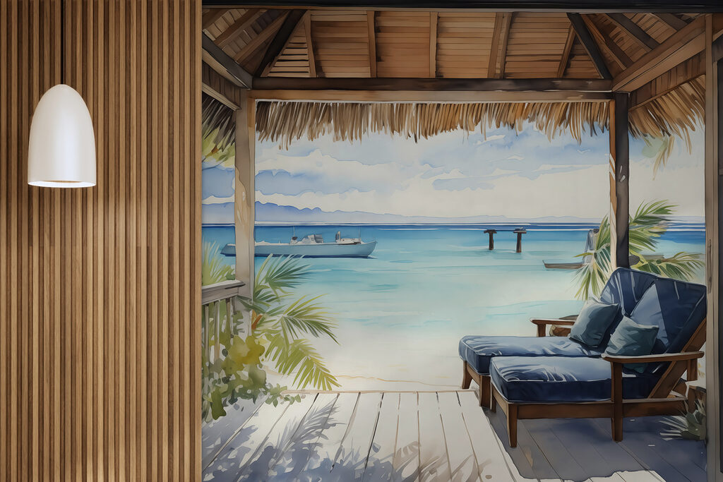 Veranda sobre agua turquesa — interior 2