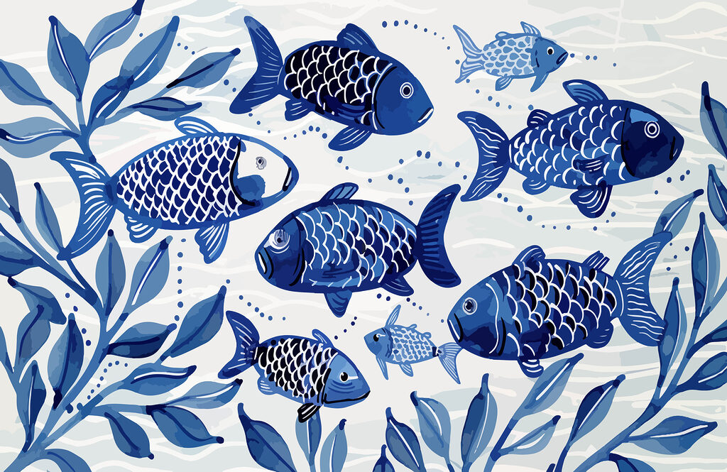 Peces azules entre hojas — diseño completo