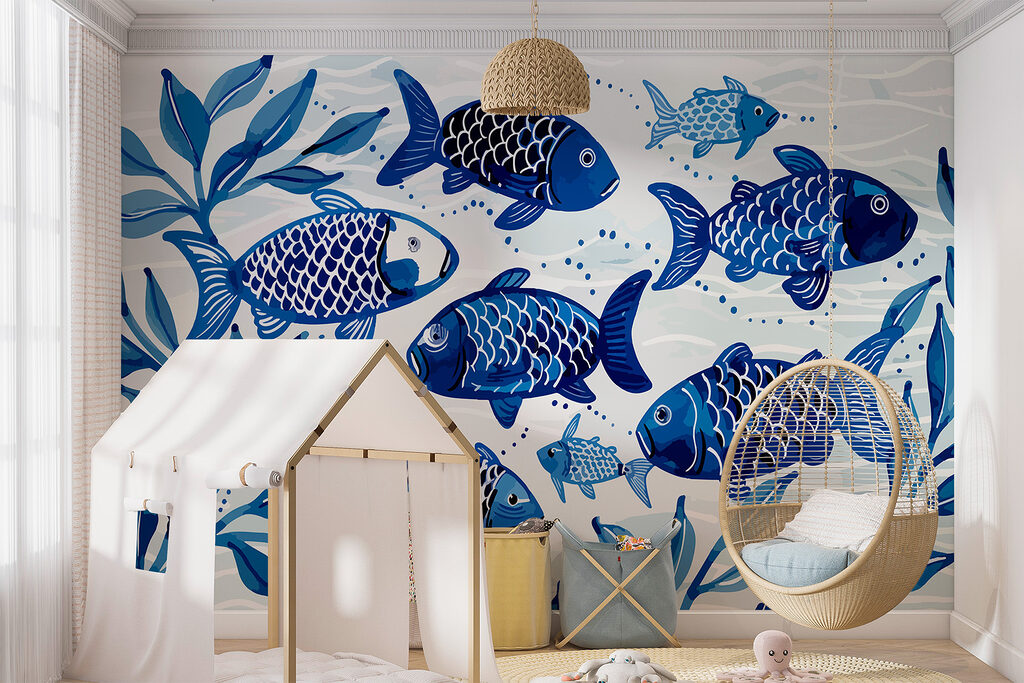 Peces azules entre hojas — interior 1