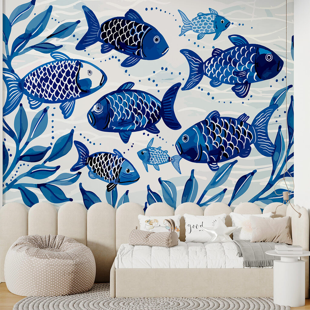 Peces azules entre hojas — interior 2