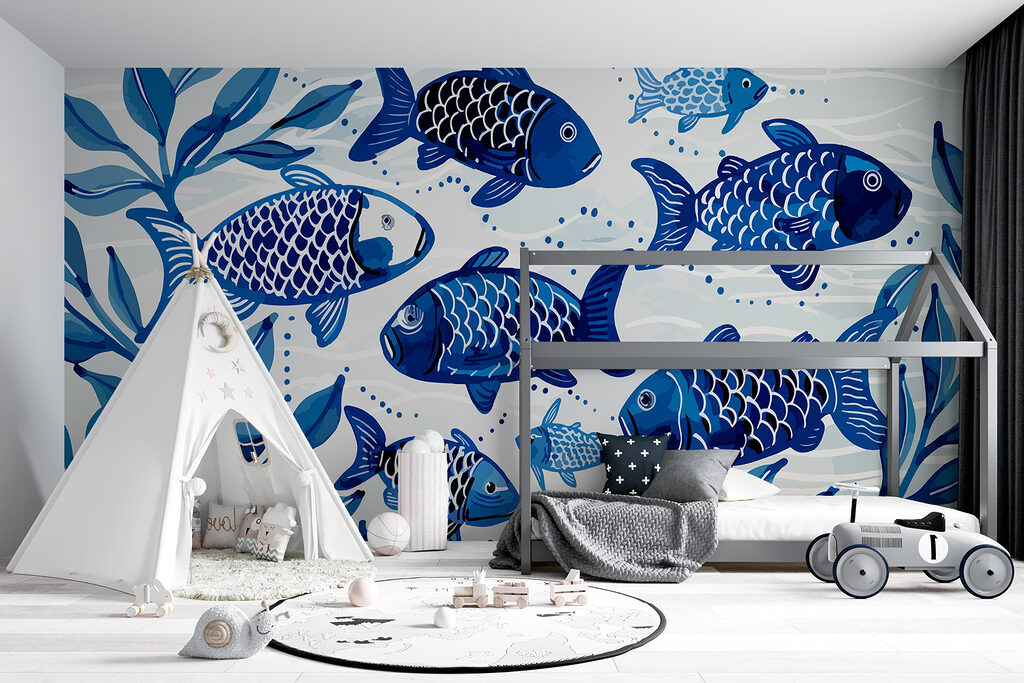Peces azules entre hojas — interior 3