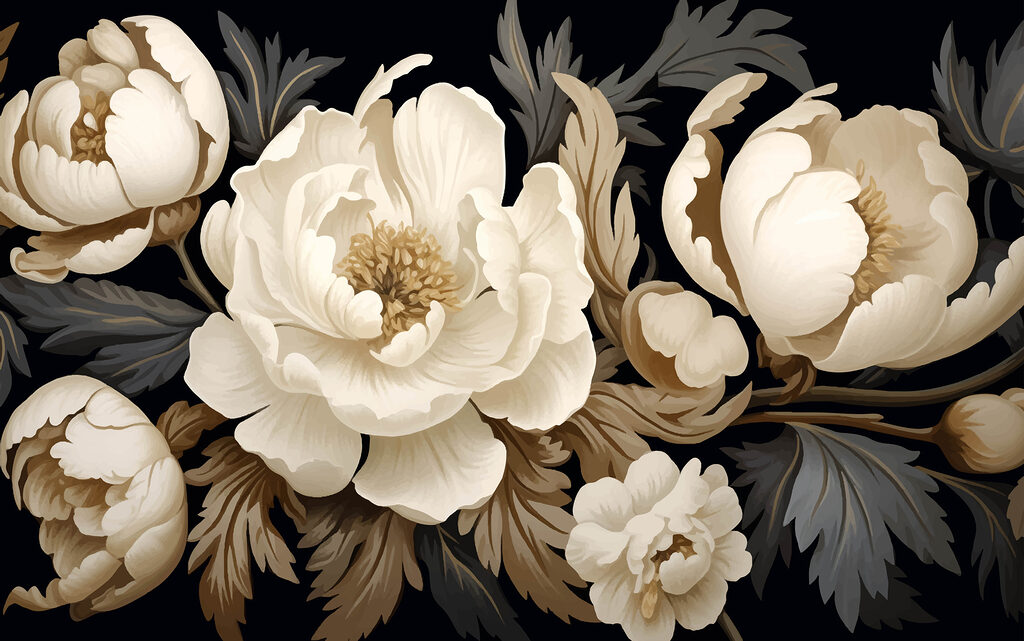 Peonías crema sobre negro — diseño completo