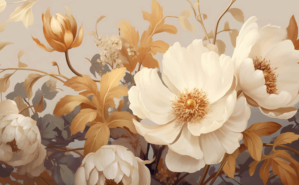 Flores entre hojas ocres — diseño completo