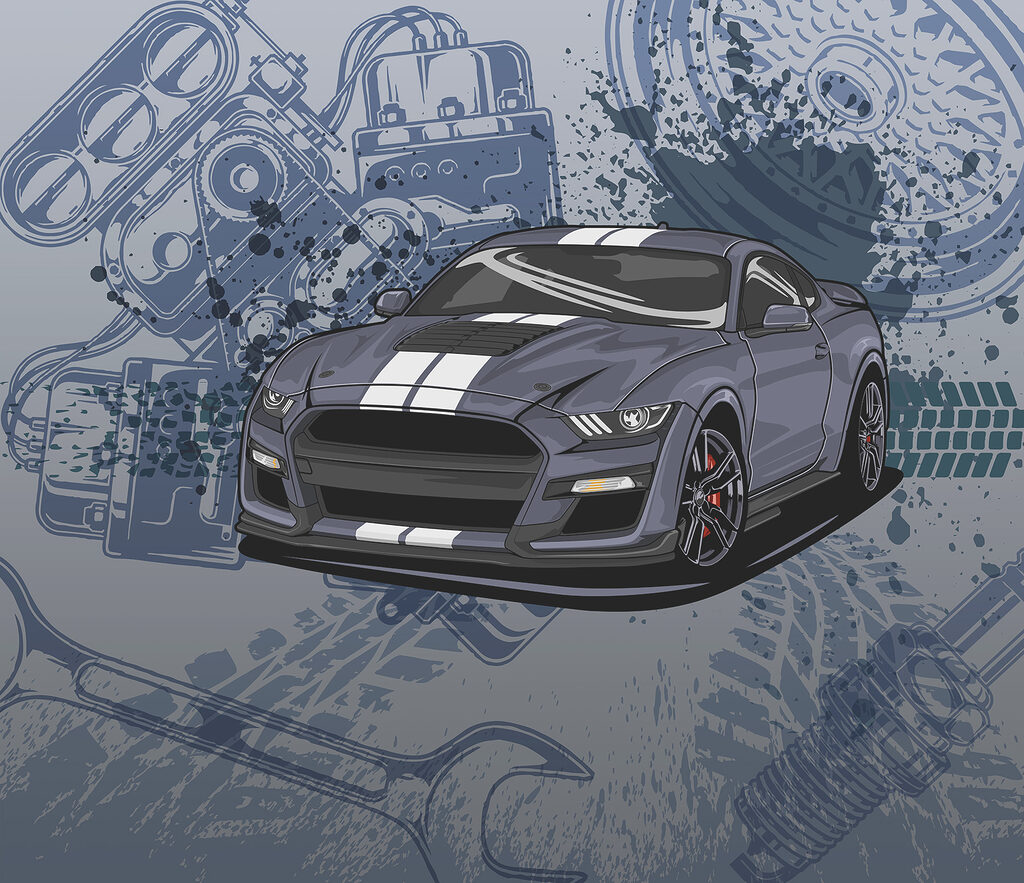 Coche deportivo entre dibujos — diseño completo