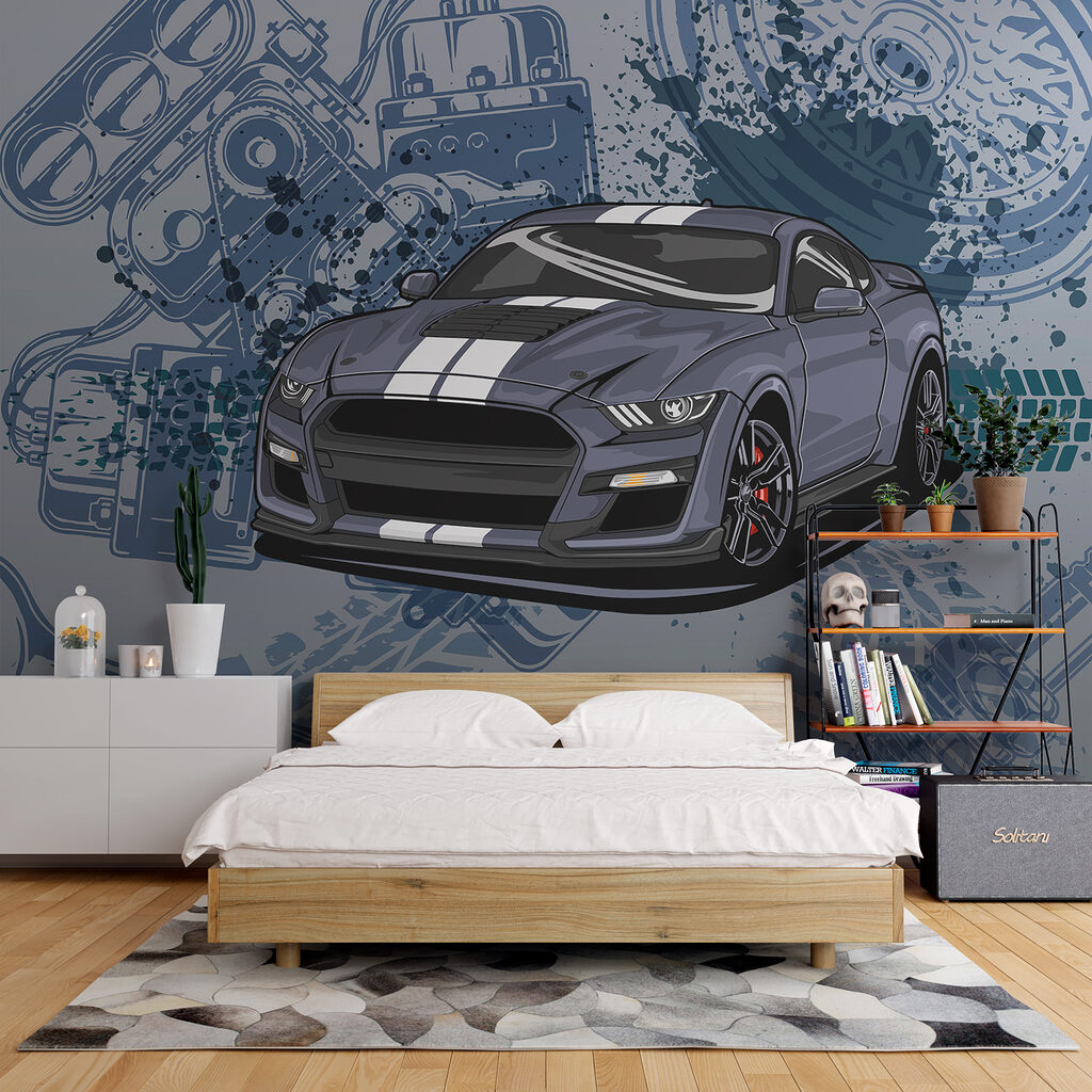 Coche deportivo entre dibujos en un interior