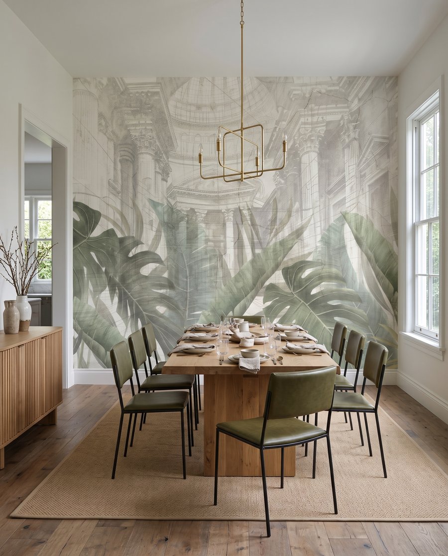 Hojas y arquitectura dibujada en un interior