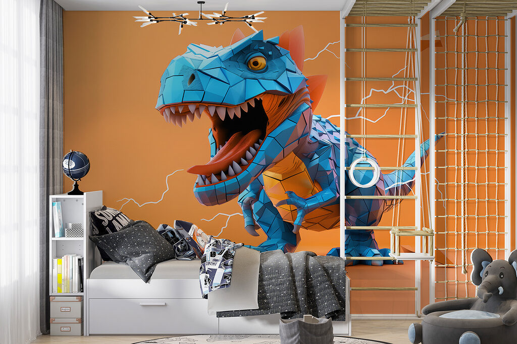 Dinosaurio azul en un interior