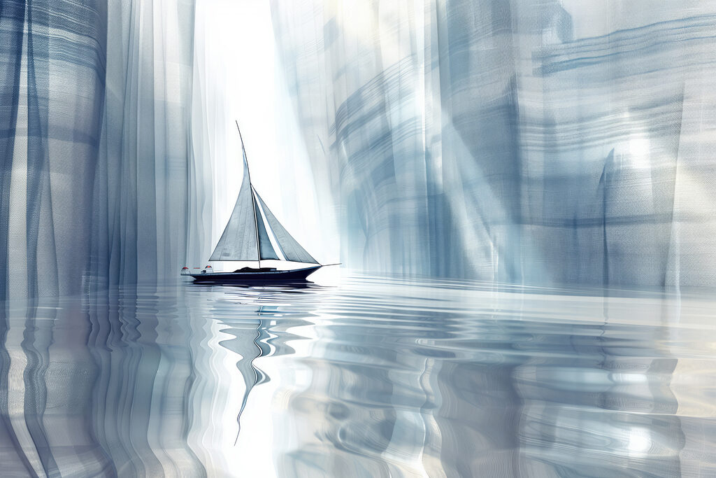 Velero entre paredes azules — diseño completo