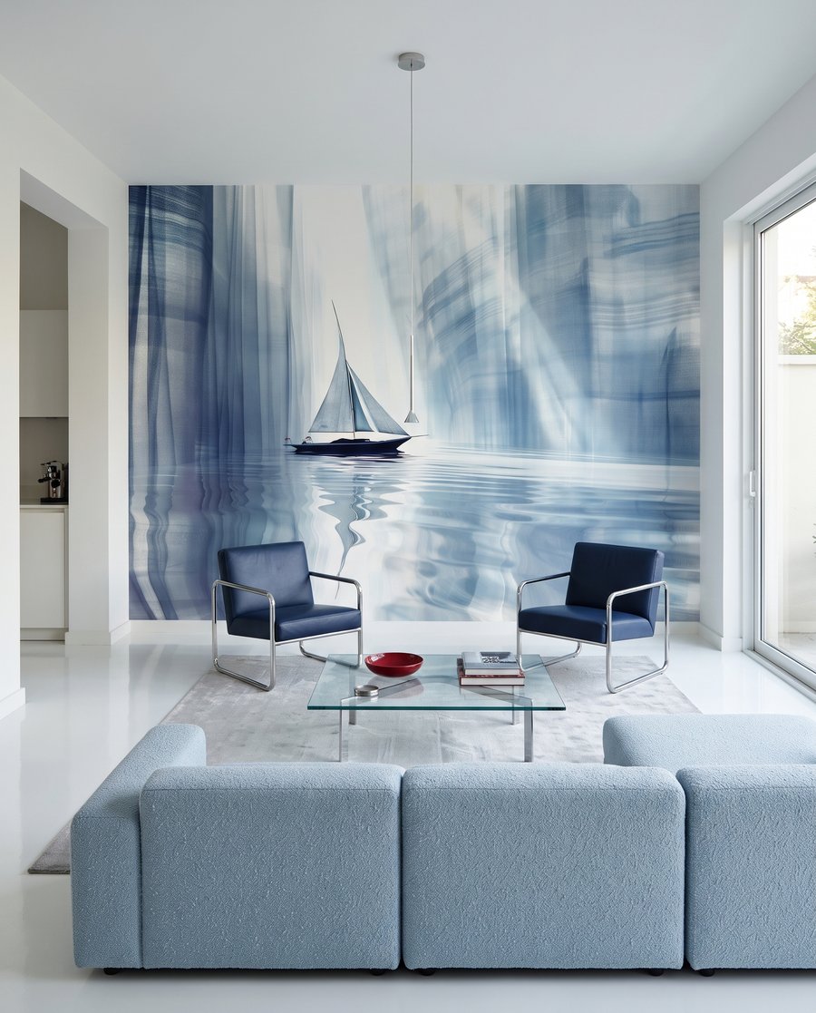 Velero entre paredes azules en un interior