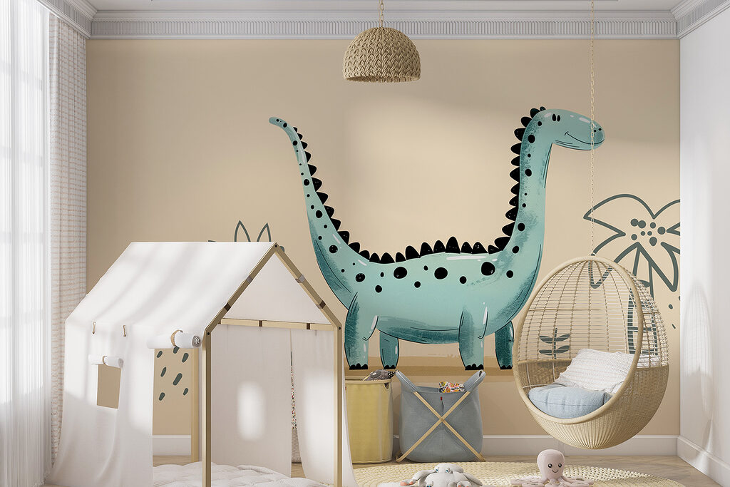 Dinosaurio de cuello largo en un interior