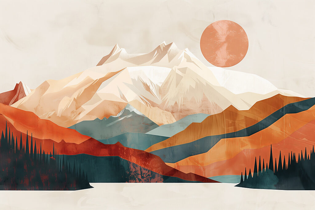 Montañas bajo sol cobrizo — diseño completo