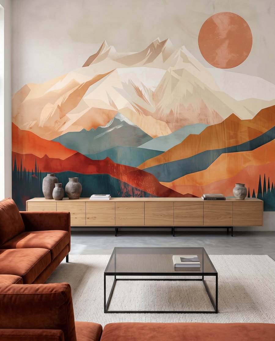 Montañas bajo sol cobrizo en un interior