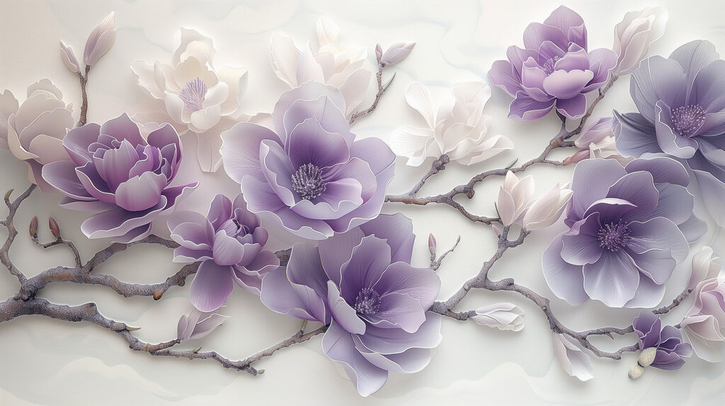 Flores lilas en curvas — diseño completo