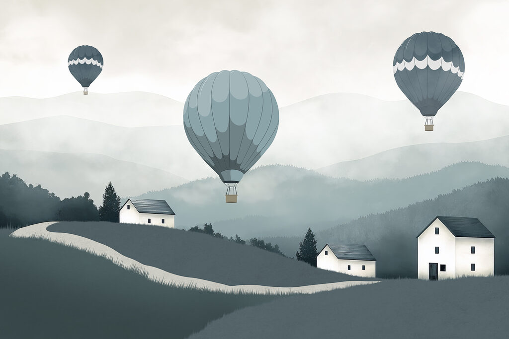 Globos aerostáticos sobre colinas — diseño completo