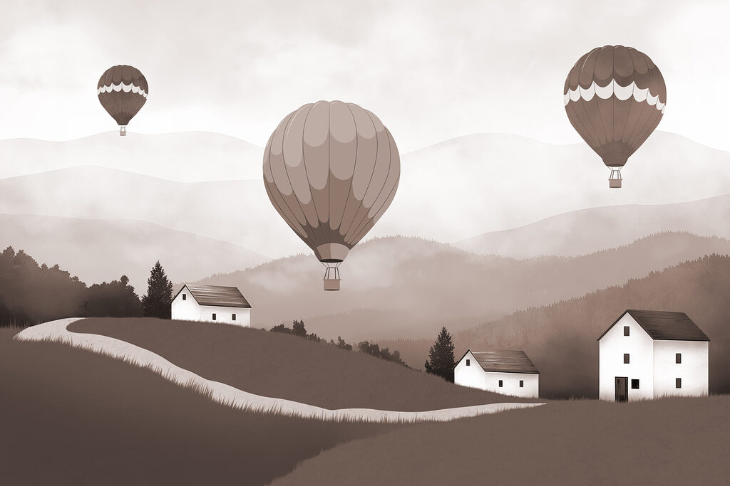 Globos aerostáticos sobre colinas — diseño completo