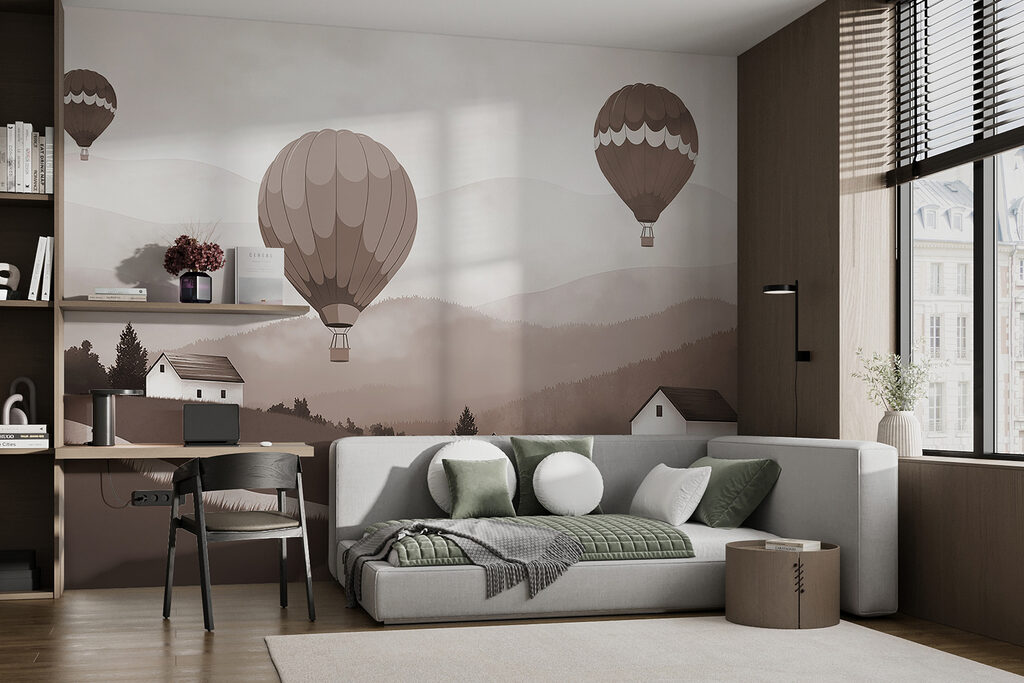 Globos aerostáticos sobre colinas en un interior