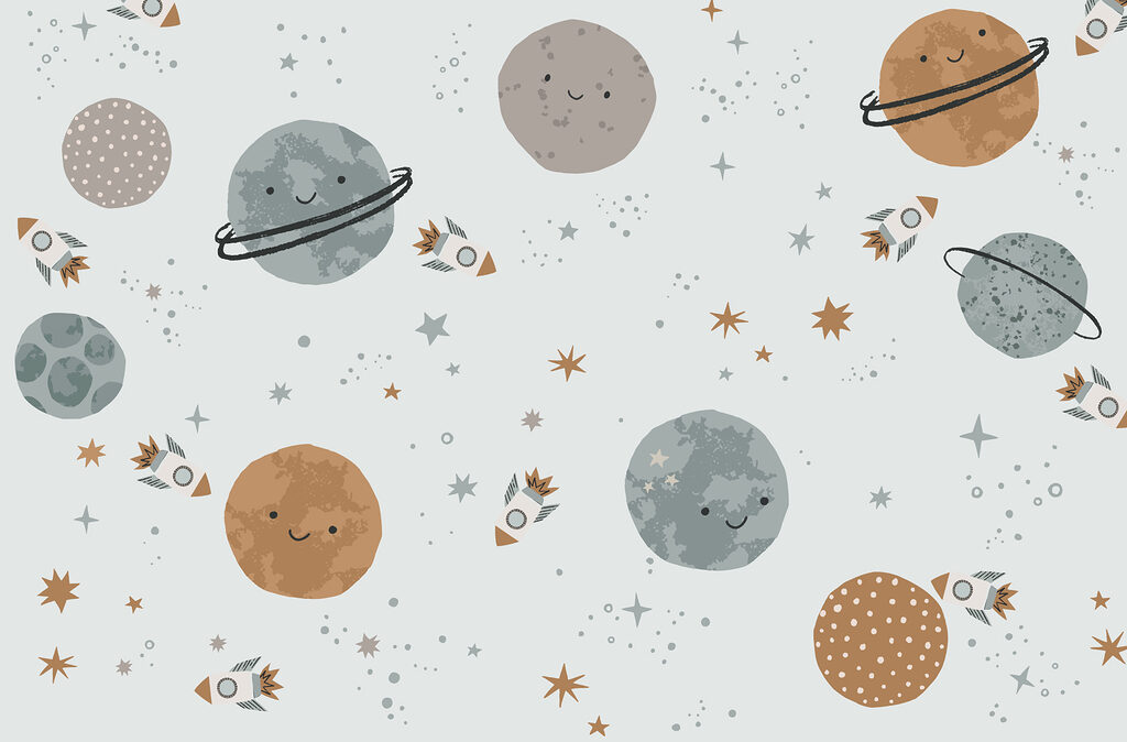Planetas amigables en azul — diseño completo