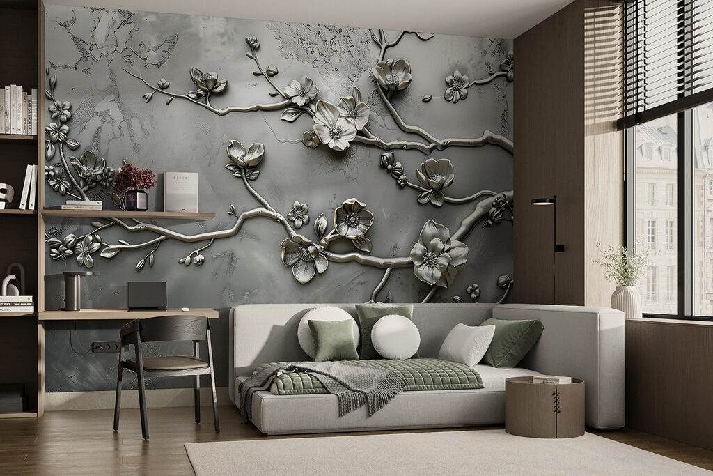 Ramas florales en relieve en un interior