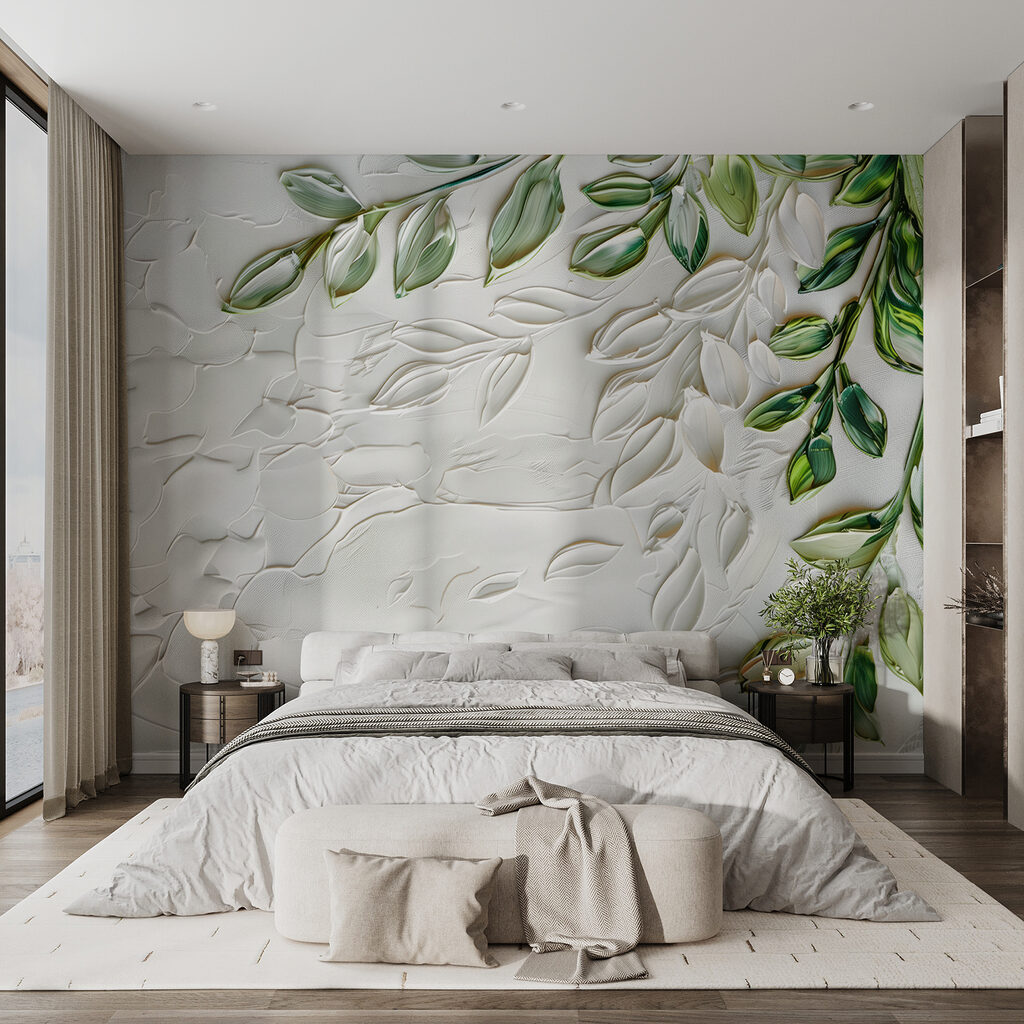Hojas verdes en relieve en un interior