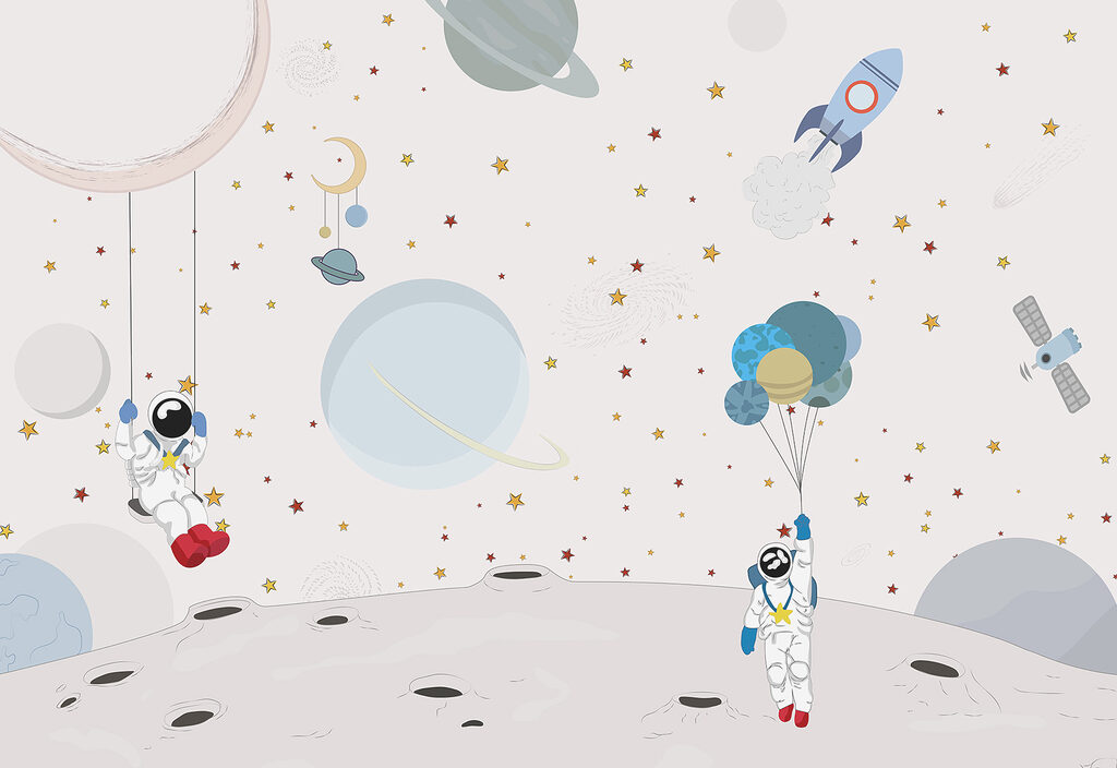 Astronautas entre figuras pastel — diseño completo