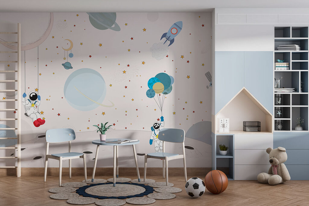Astronautas entre figuras pastel — interior 1