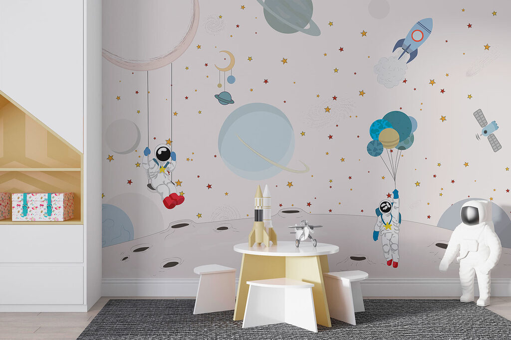 Astronautas entre figuras pastel — interior 2