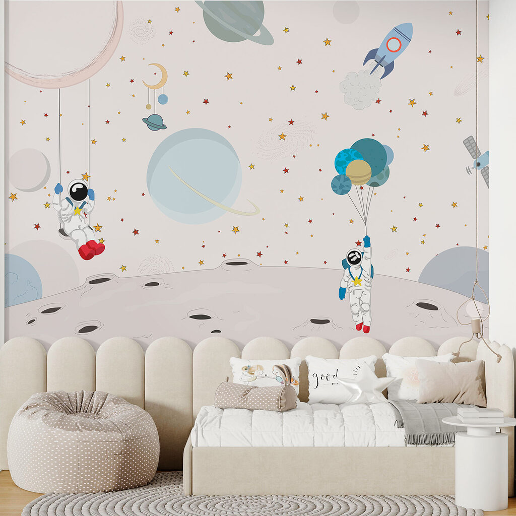 Astronautas entre figuras pastel — interior 3