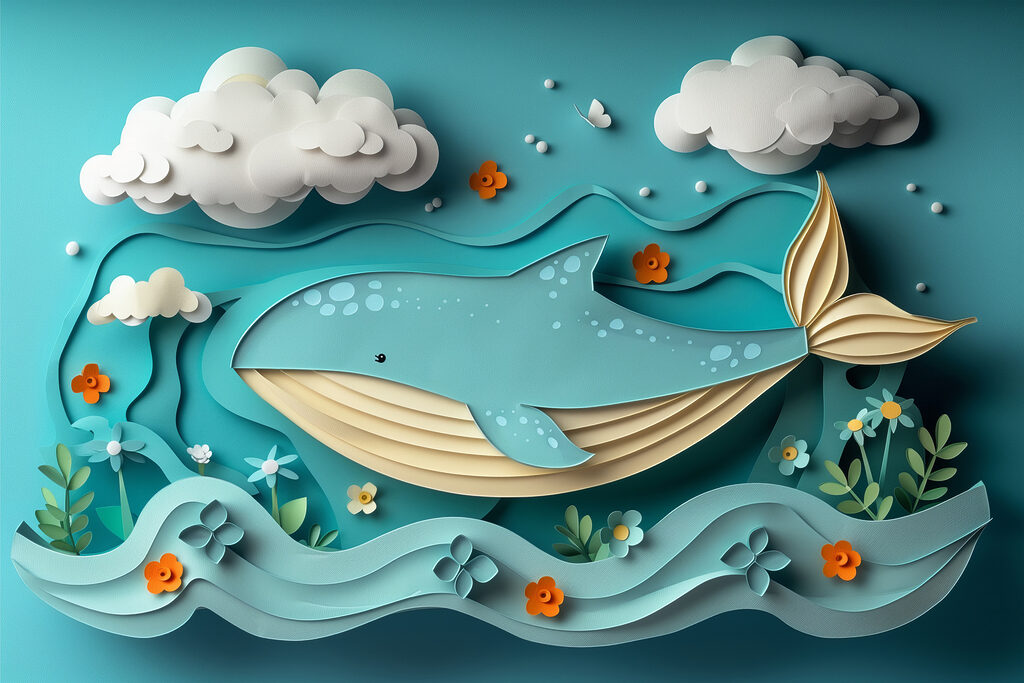 Ballena bajo nubes blancas — diseño completo