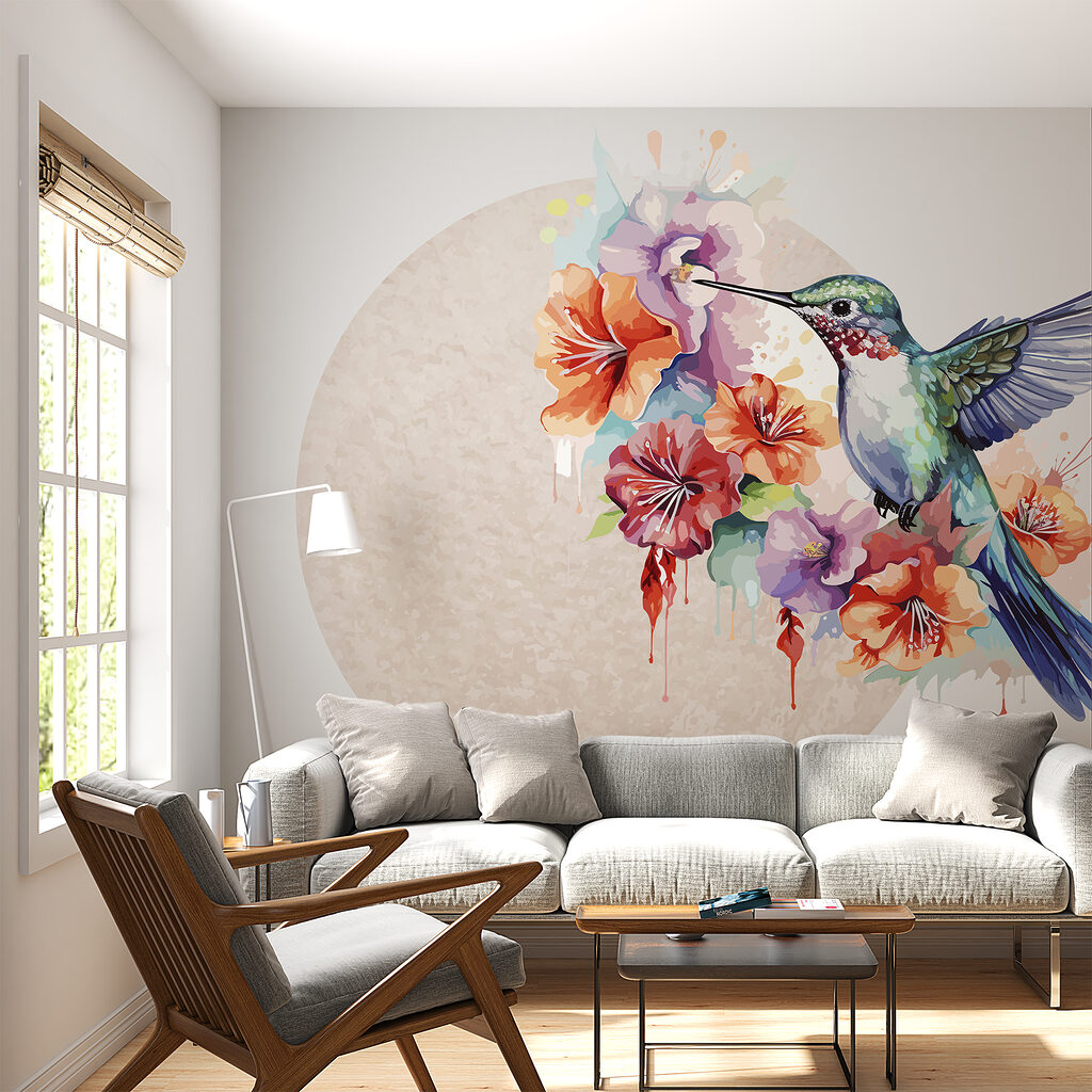 Colibrí ante un círculo en un interior