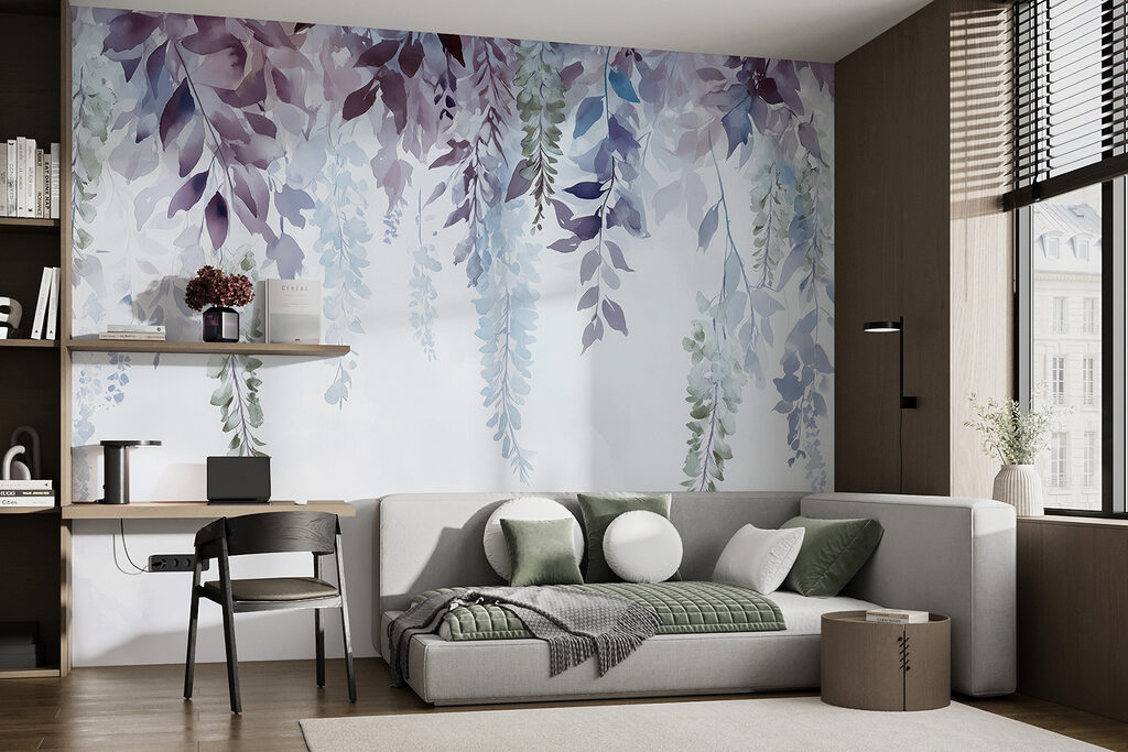 Ramas lilas colgantes en un interior