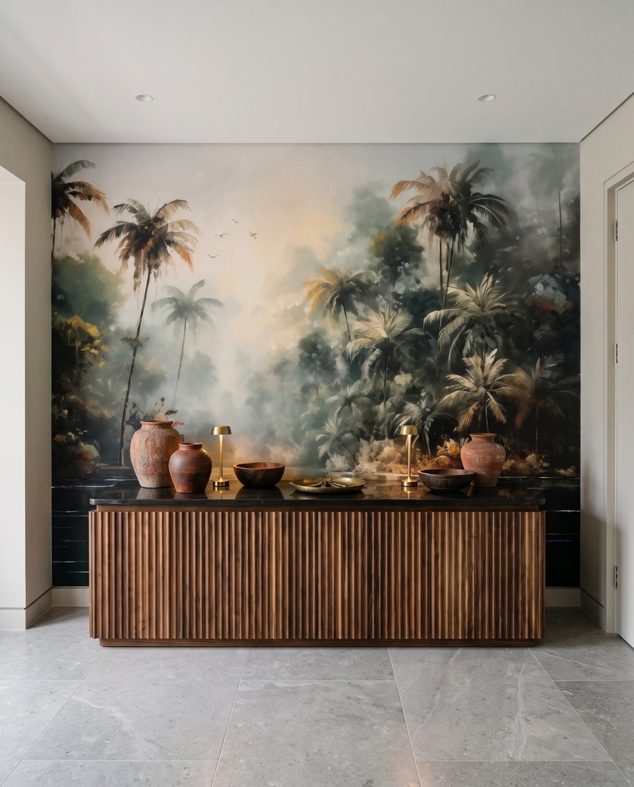 Palmeras junto al agua en un interior