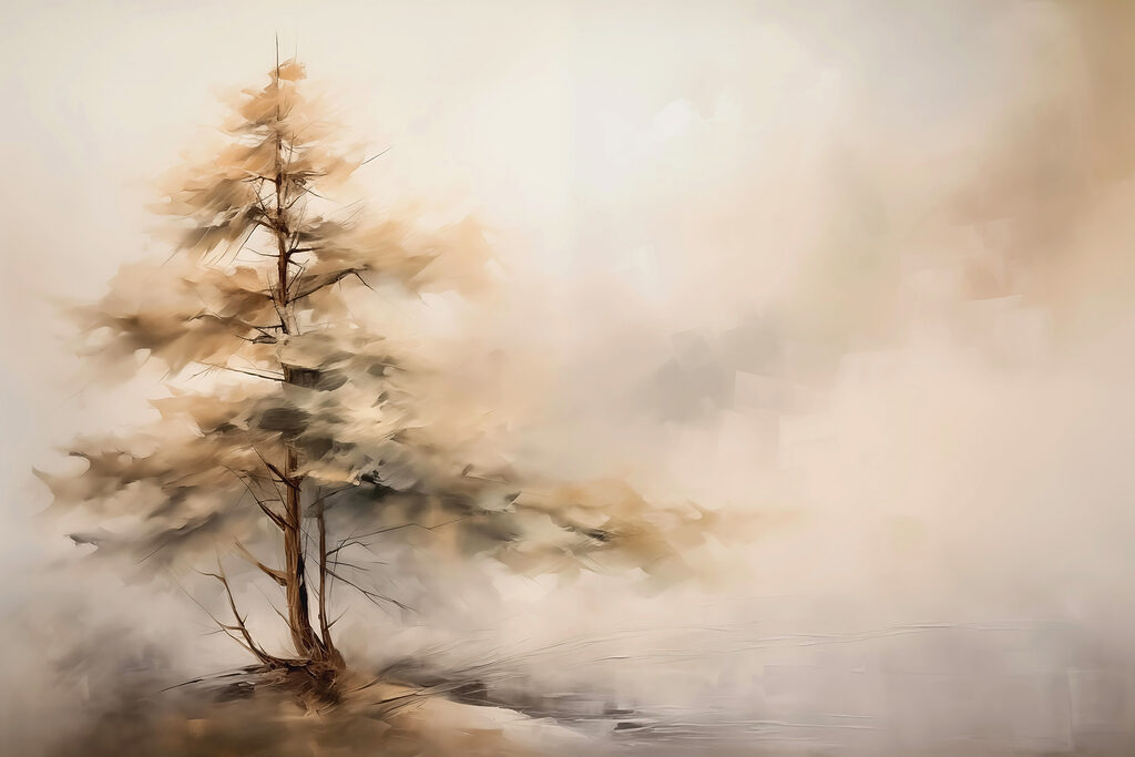 Árbol solitario entre brumas — diseño completo