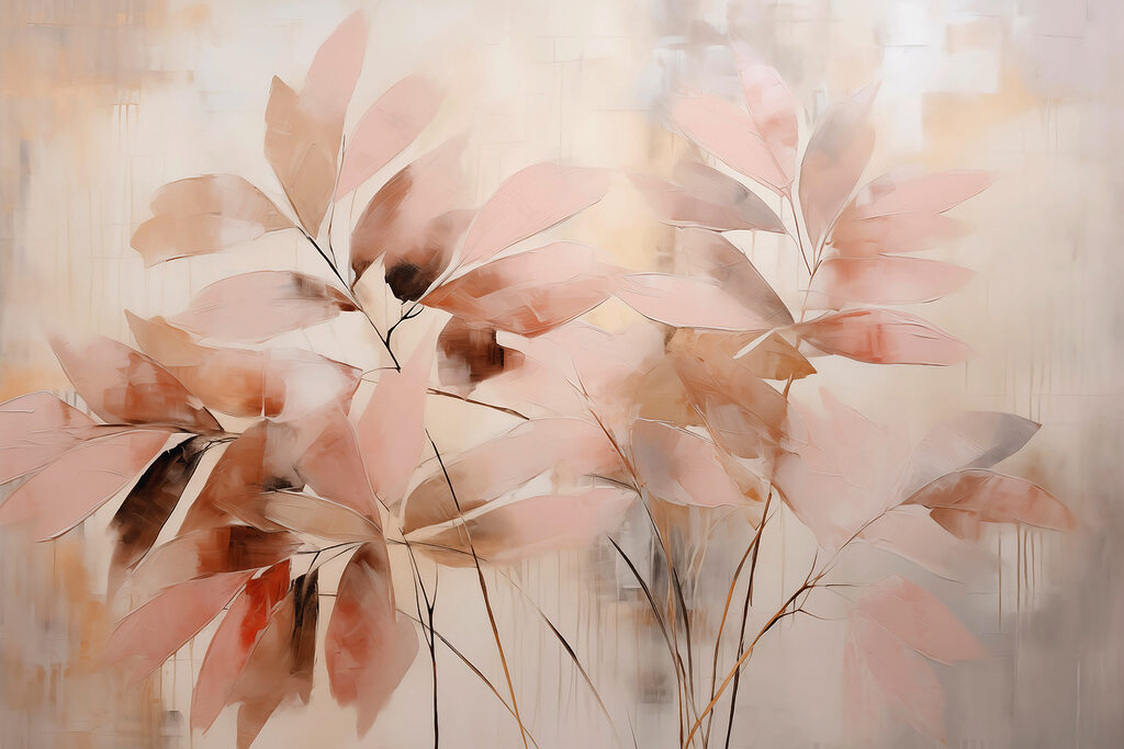 Hojas rosadas sobre beige — diseño completo