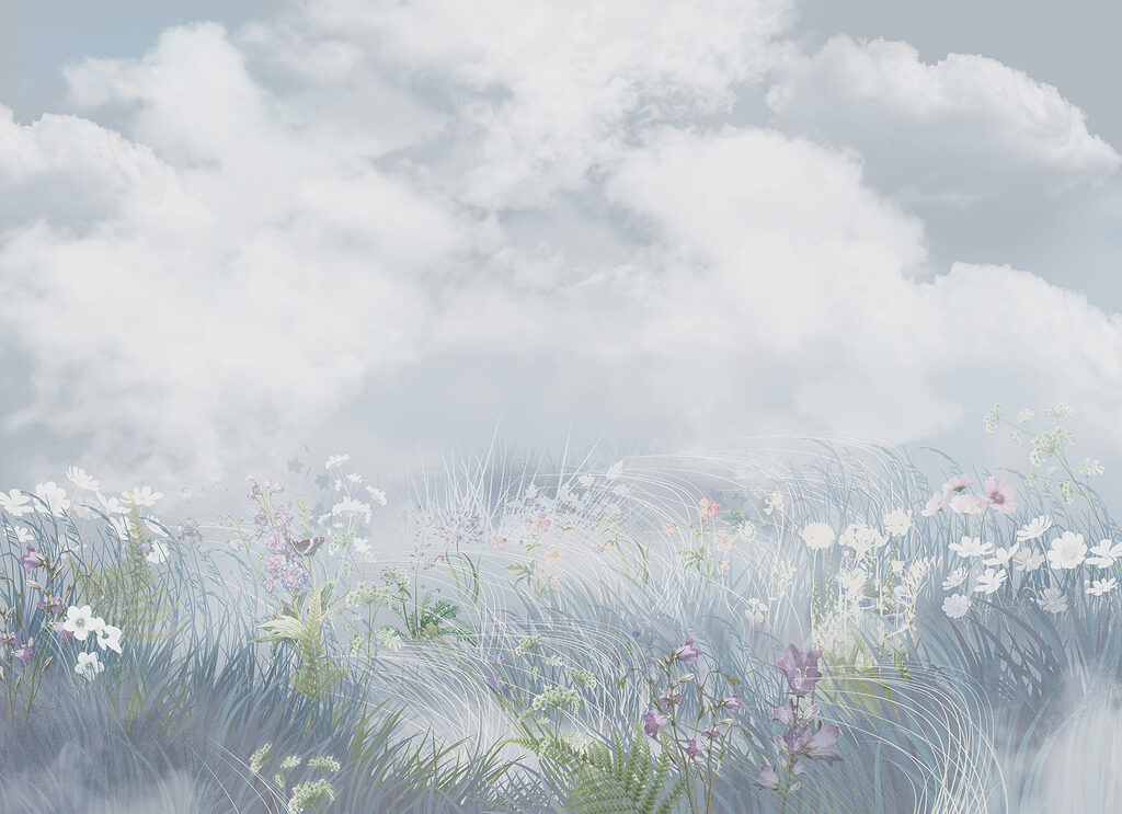 Pradera florida bajo nubes — diseño completo