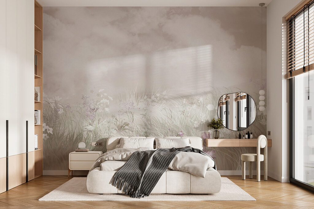 Pradera florida bajo nubes en un interior