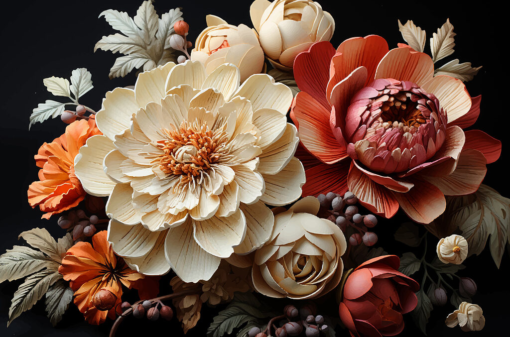 Flores cálidas sobre negro — diseño completo