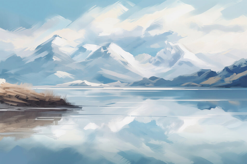 Montañas reflejadas en azul — diseño completo