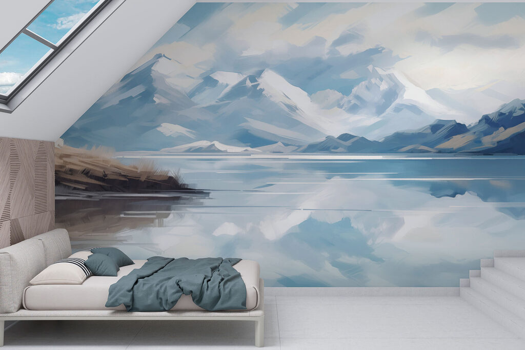 Montañas reflejadas en azul en un interior